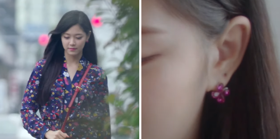 Left: Hyunjin wearing a dress and walking. Right: A close-up of Hyunjin's earring.